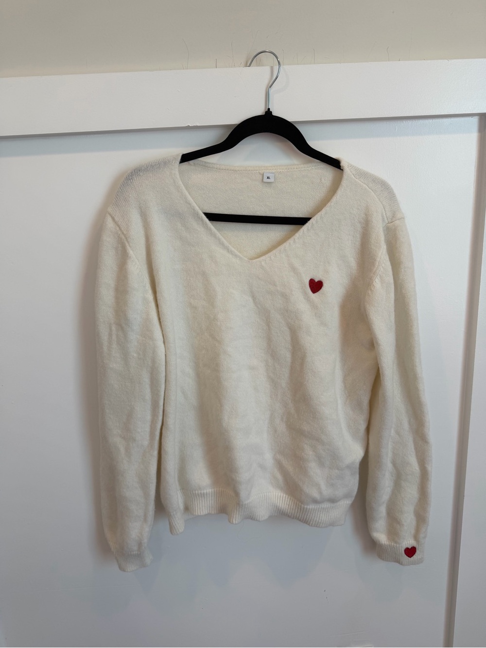 Cream V-Neck Sweater with Red Heart Embroidery